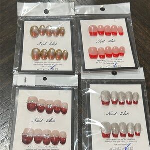 Elegant Press-On Nails Set - Red and Silver-lot of 4